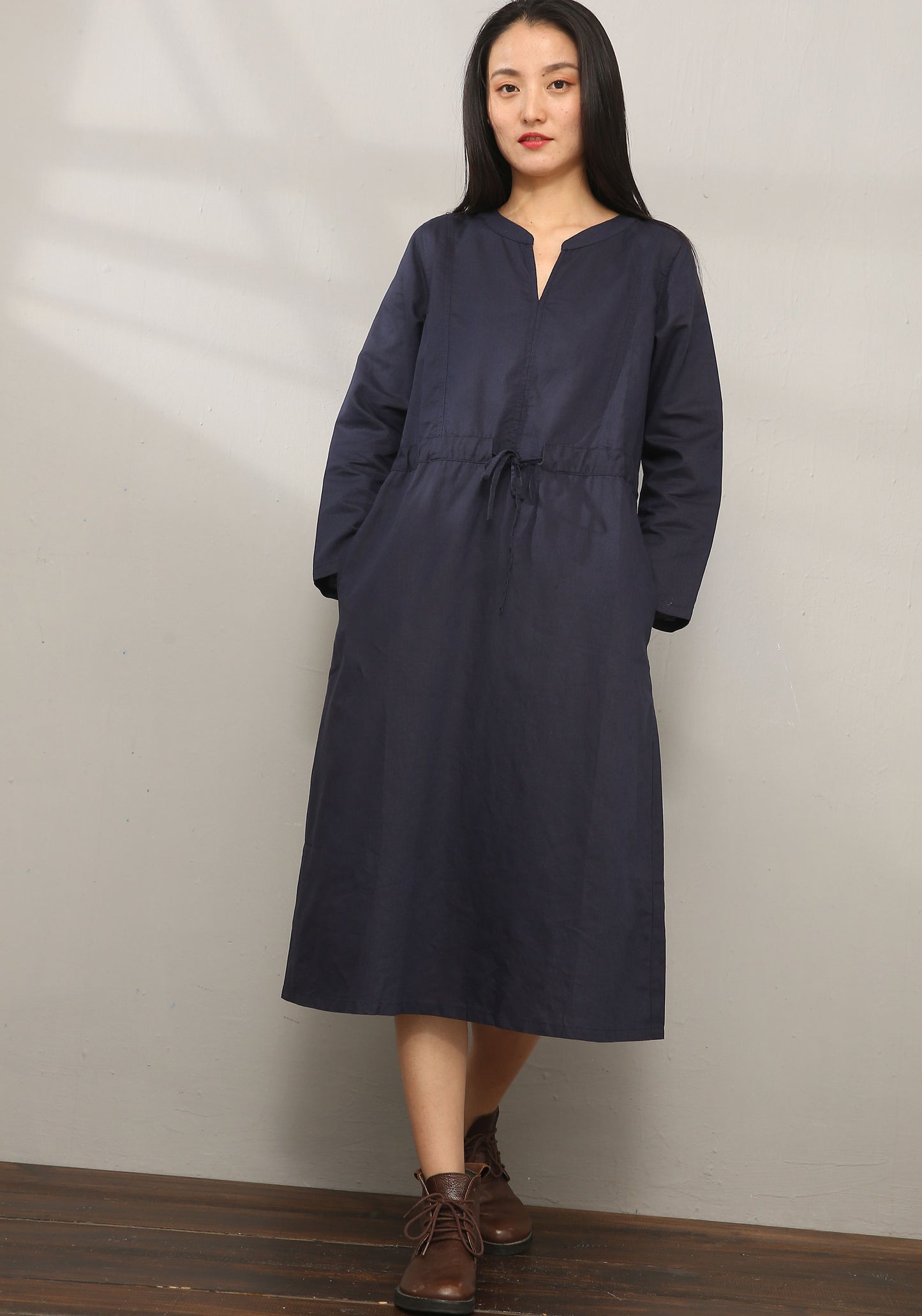 Casual Midi V-neck Shirt Dress C1975
