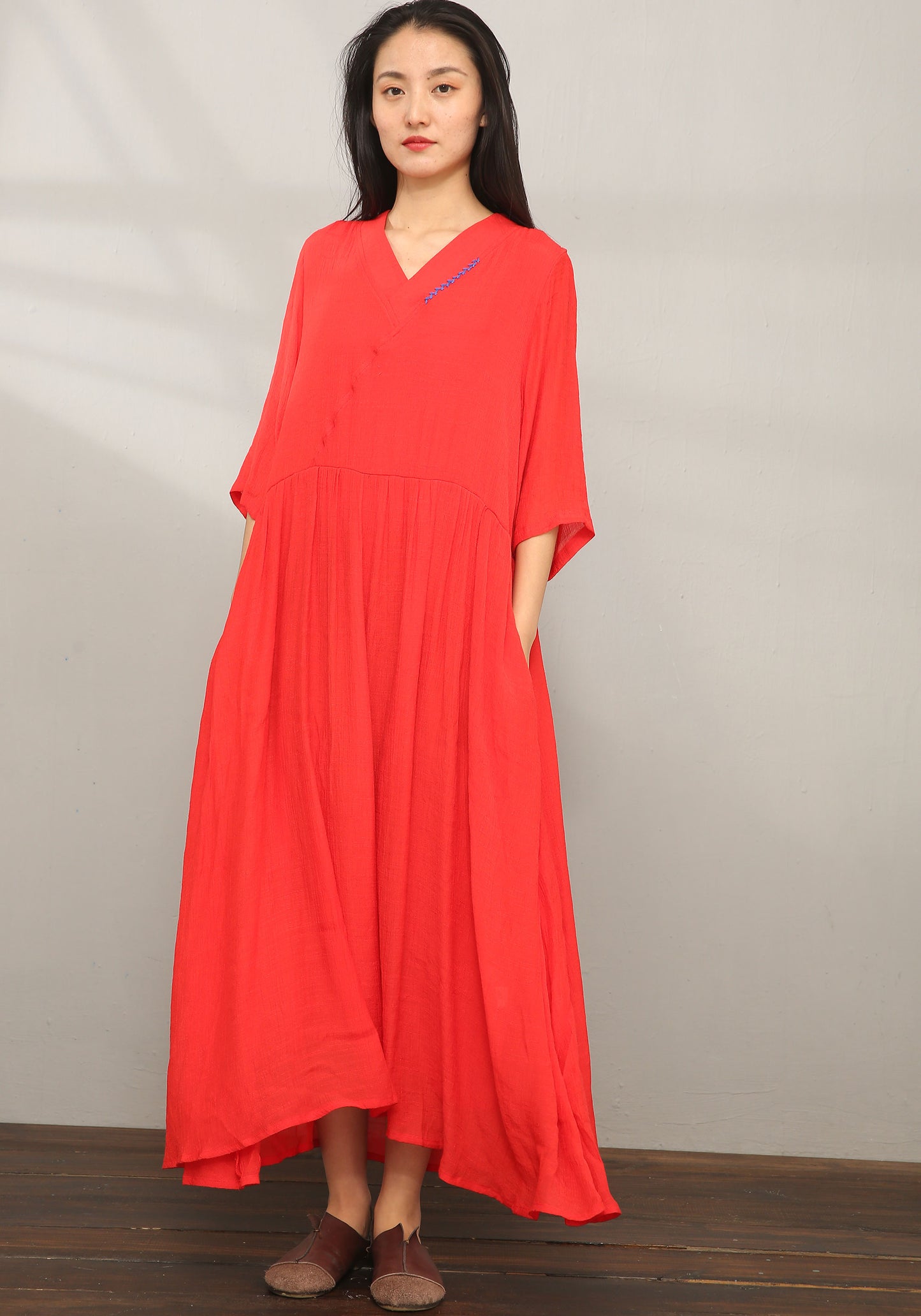 Red Vintage inspired Loose Linen Dress C1977 #yy01608