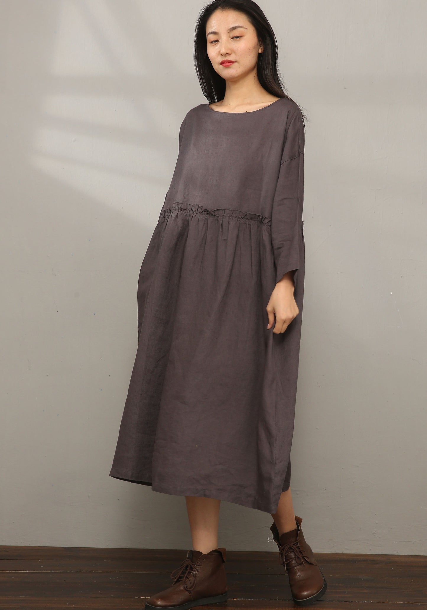 Loose Fit Maxi Pleated Linen Dress C1978