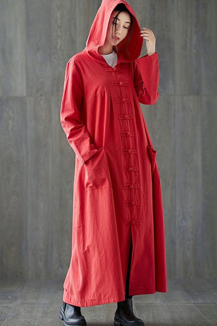 Casual Hoodie Maxi Linen Trench Coat C1985