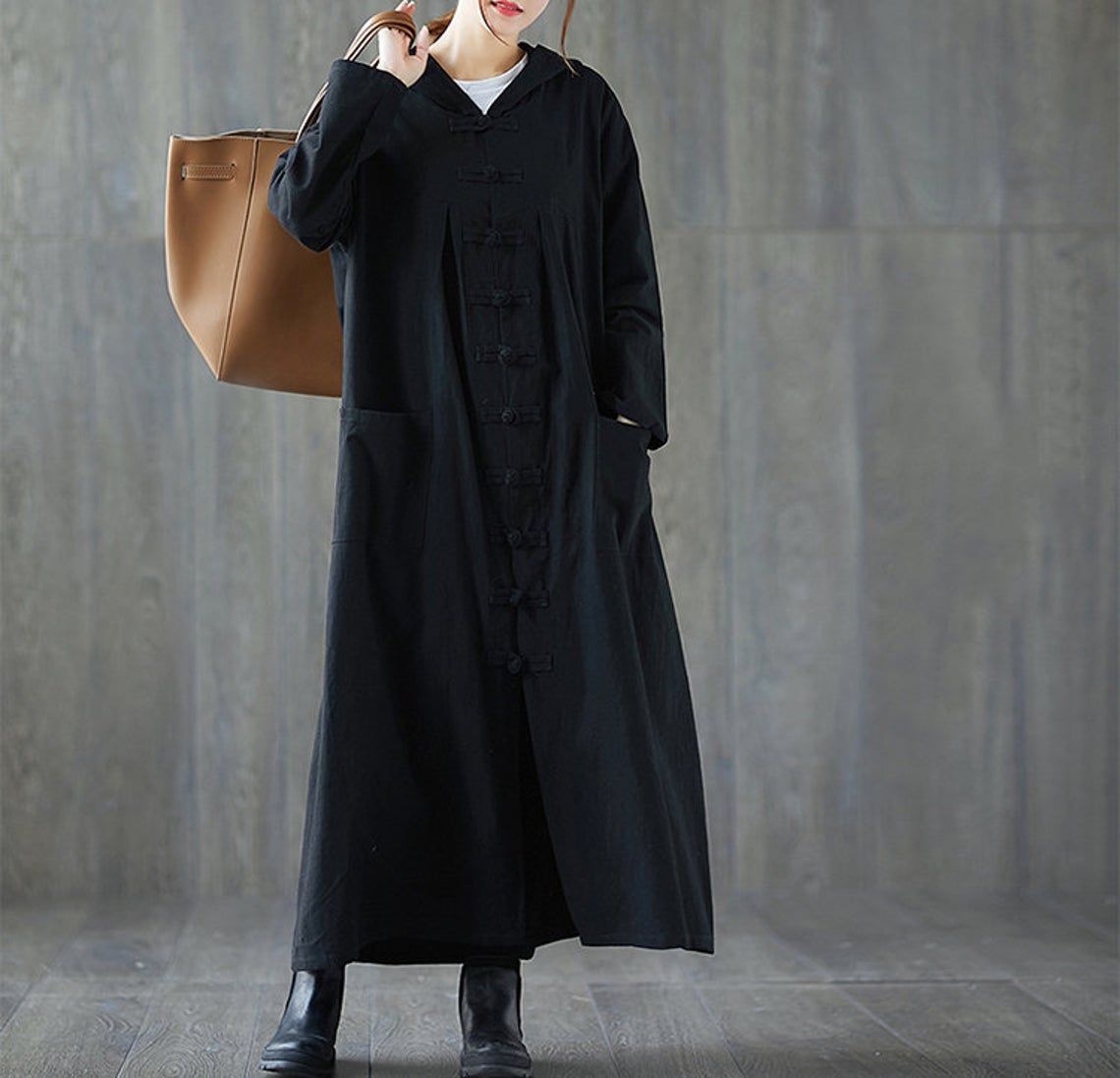 Casual Hoodie Maxi Linen Trench Coat C1985