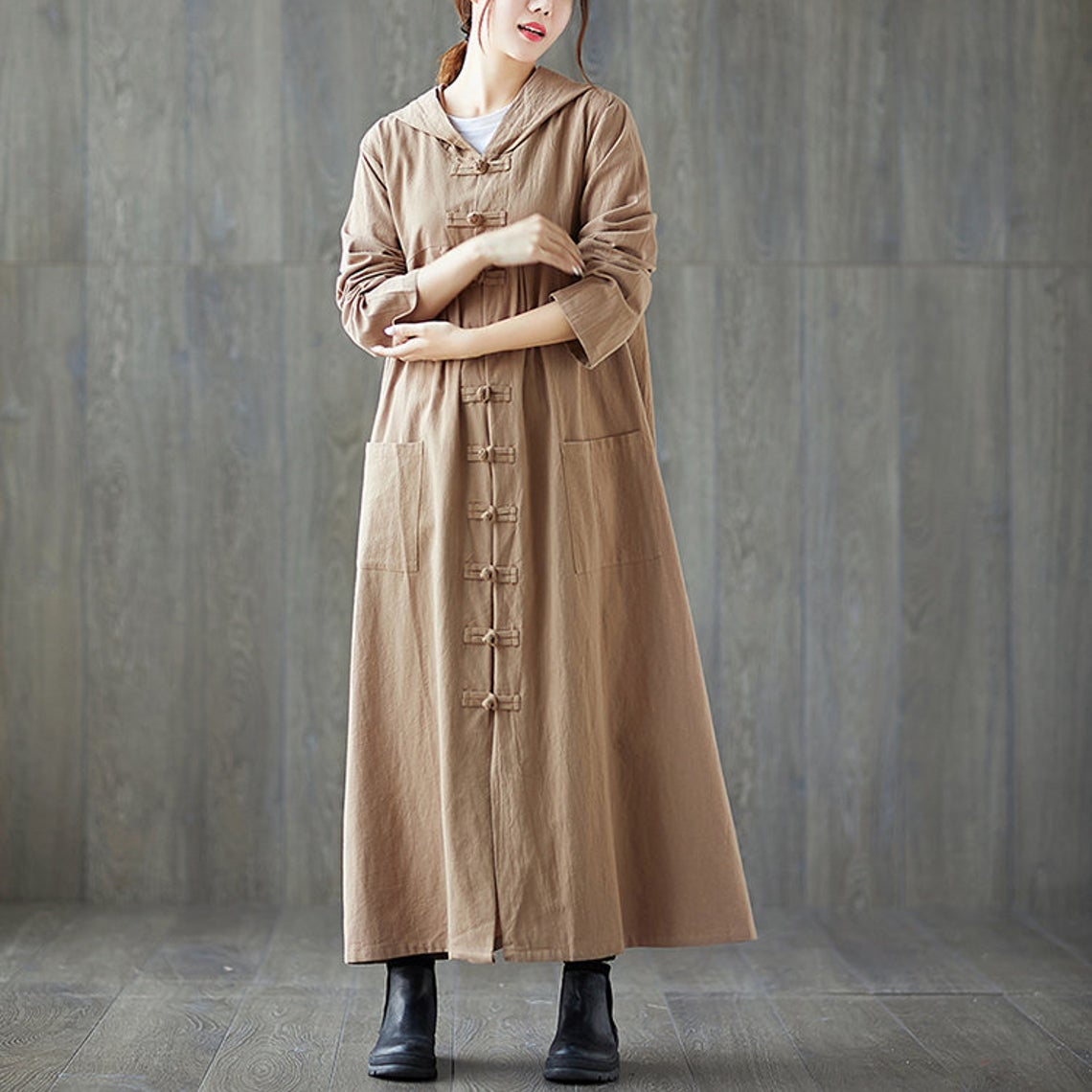 Casual Hoodie Maxi Linen Trench Coat C1985