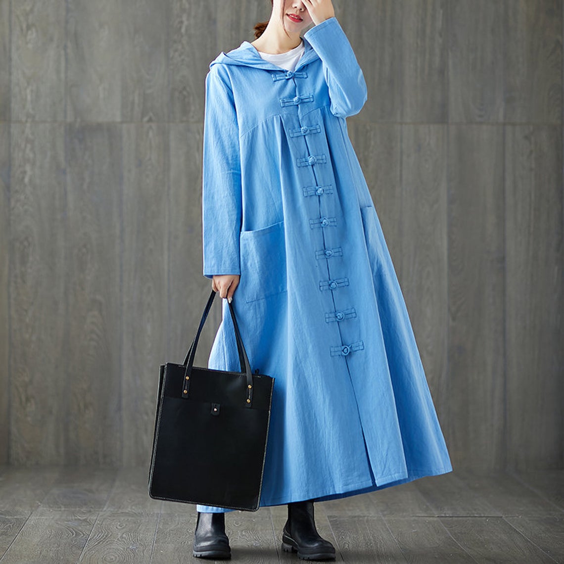 Casual Hoodie Maxi Linen Trench Coat C1985