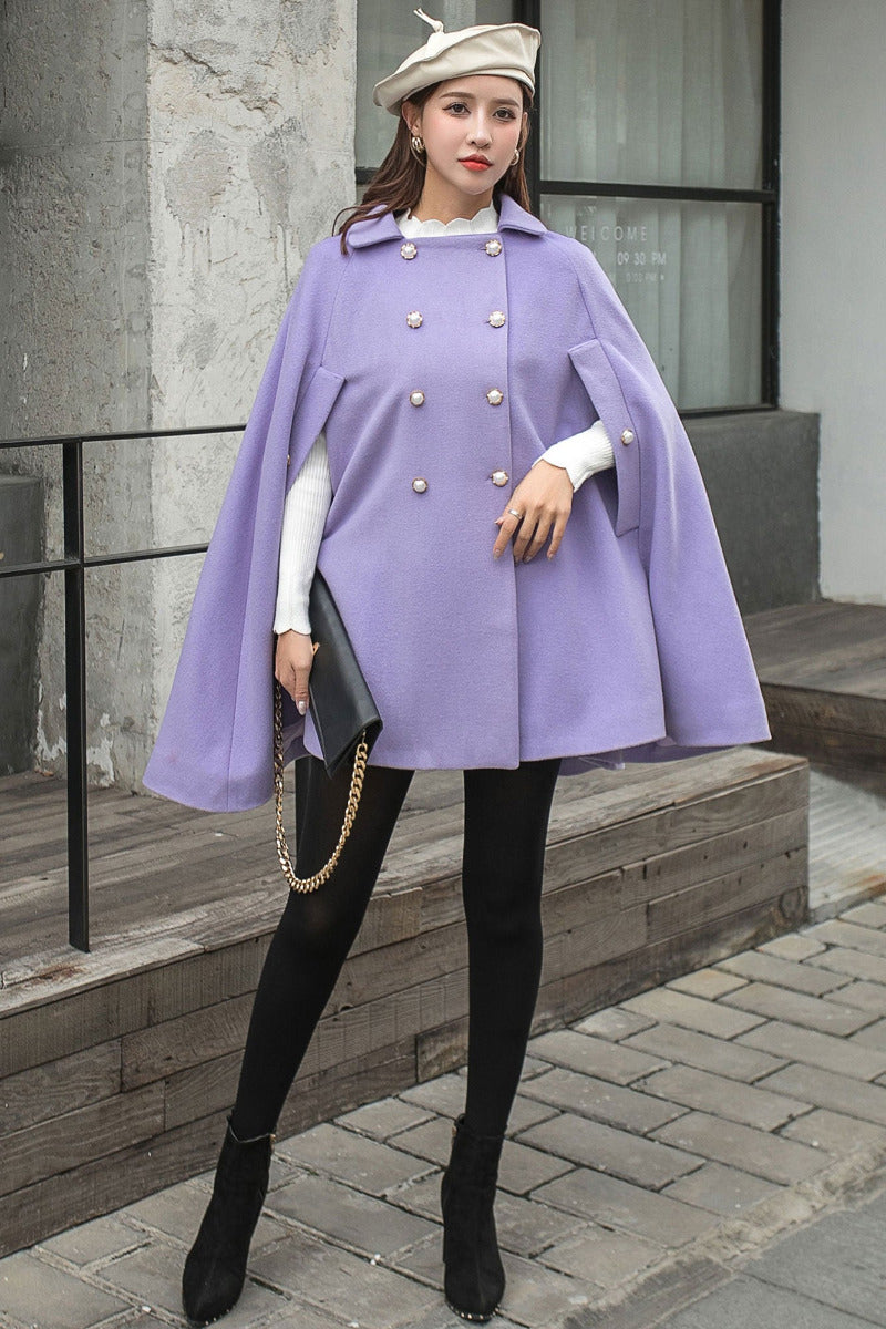 Black Elegant Wool Cape Coat C1322#