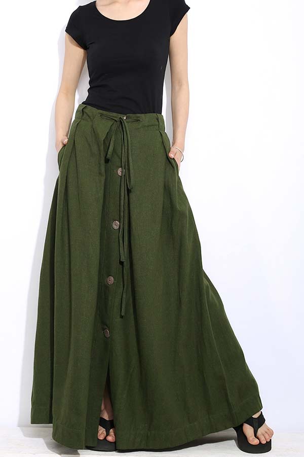 Casual linen drawstring maxi skirt C324#