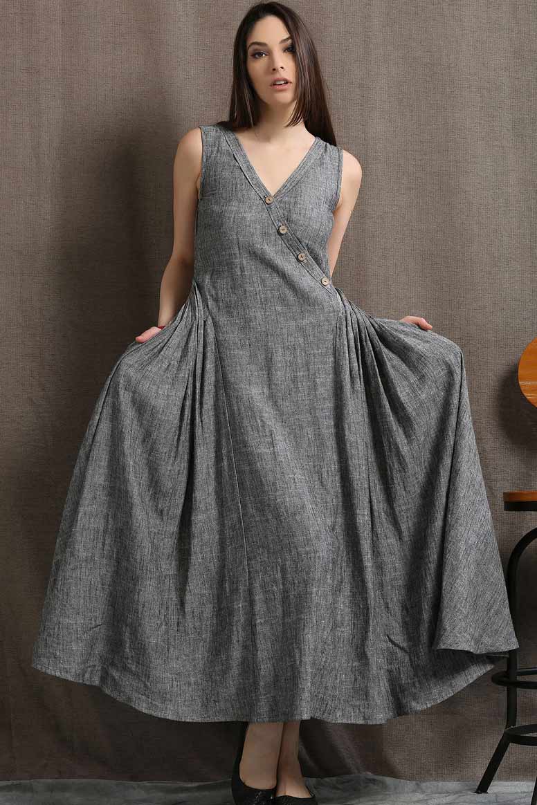 Grey Linen Cotton Maxi Dress - V-Neck Sleeveless Flowy C418 - Grey / M Grey Linen Cotton Maxi Dress - V-Neck Sleeveless Flowy C418 - Grey / M