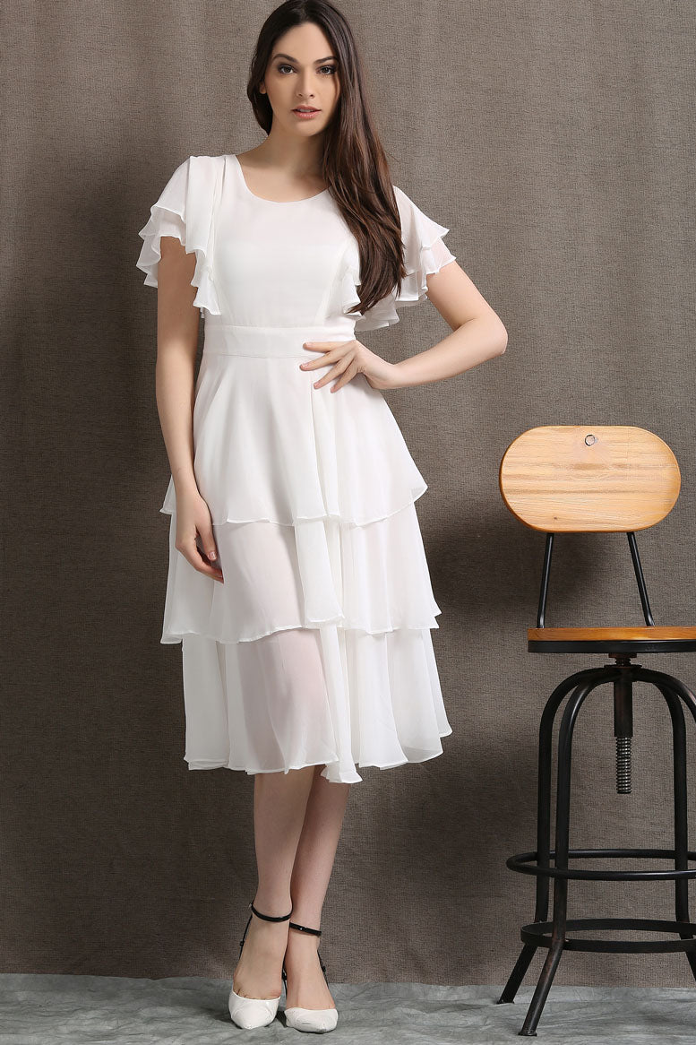 White Chiffon Midi Dress with Tiered Flowy Skirt and Flutter Sleeves White / M White Chiffon Midi Dress with Tiered Flowy Skirt and Flutter Sleeves White / M