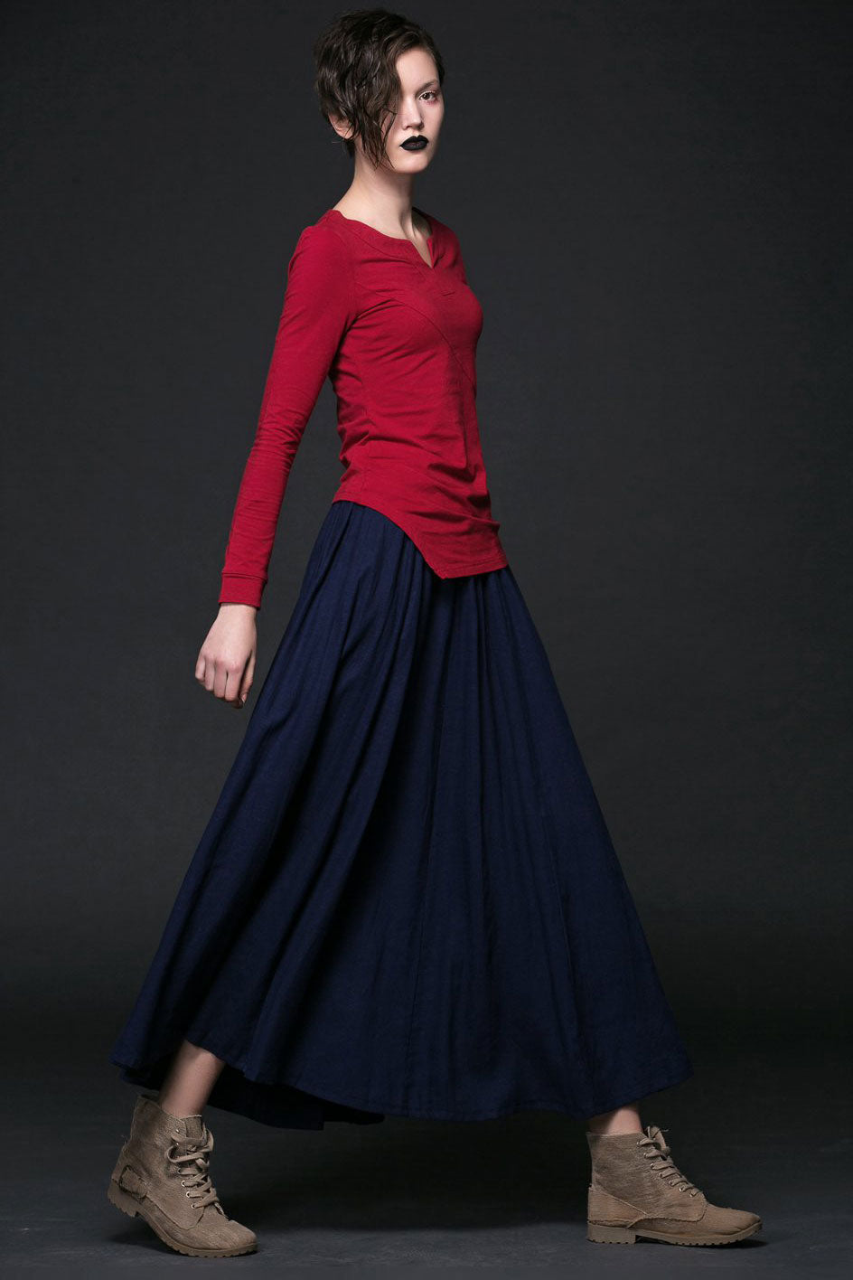 Dark blue summer linen skirt C508 #YY03962