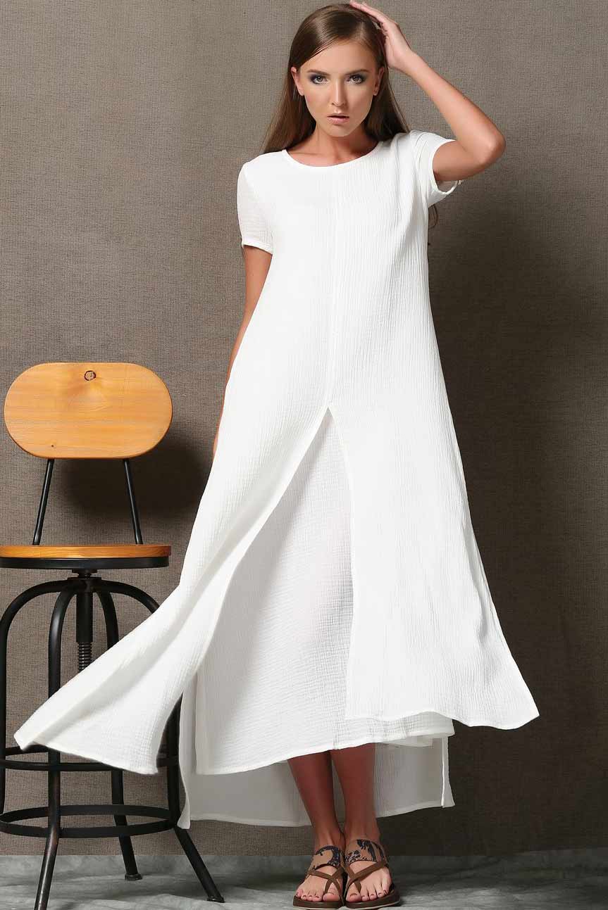 White Linen Maxi Dress - Loose Fit with Asymmetrical Hem C534 - White / Custom Order White Linen Maxi Dress - Loose Fit with Asymmetrical Hem C534 - White / Custom Order