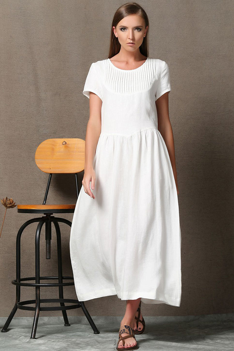 White Linen Short Dress - A-Line Pintuck Detail C536 - White / XL White Linen Short Dress - A-Line Pintuck Detail C536 - White / XL