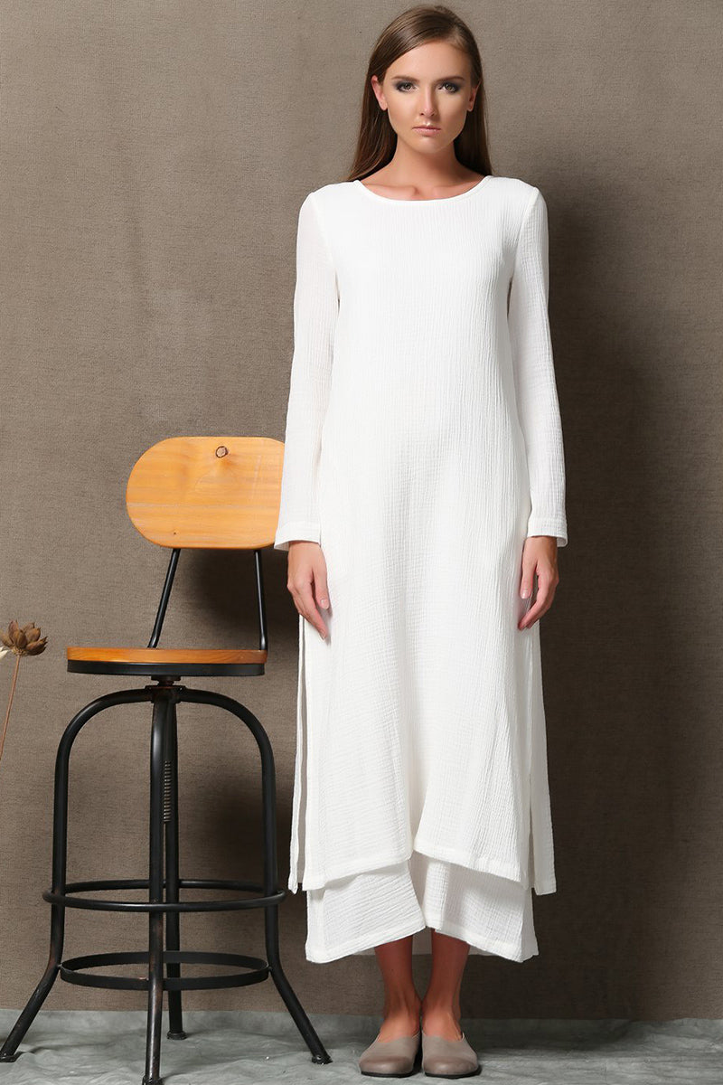 Women Casual white long sleeve linen dress C554 YLISTYLE Women Casual white long sleeve linen dress C554 YLISTYLE