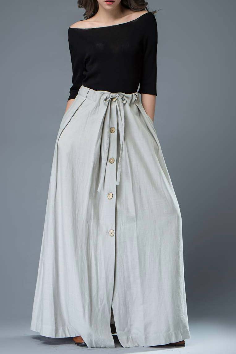 Casual linen drawstring maxi skirt C324#