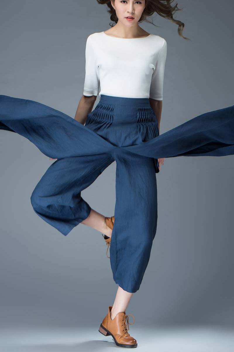 Side Zipper High Waist Linen Palazzo Pants C836