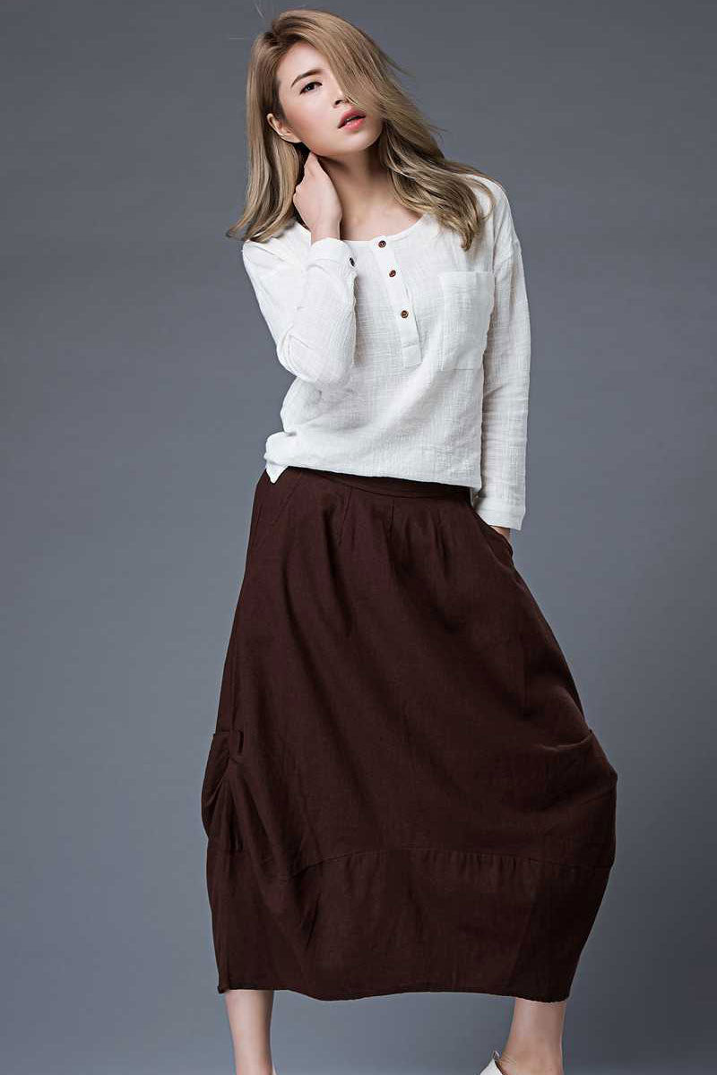 Brown Midi Linen skirt C86401 #YY02320