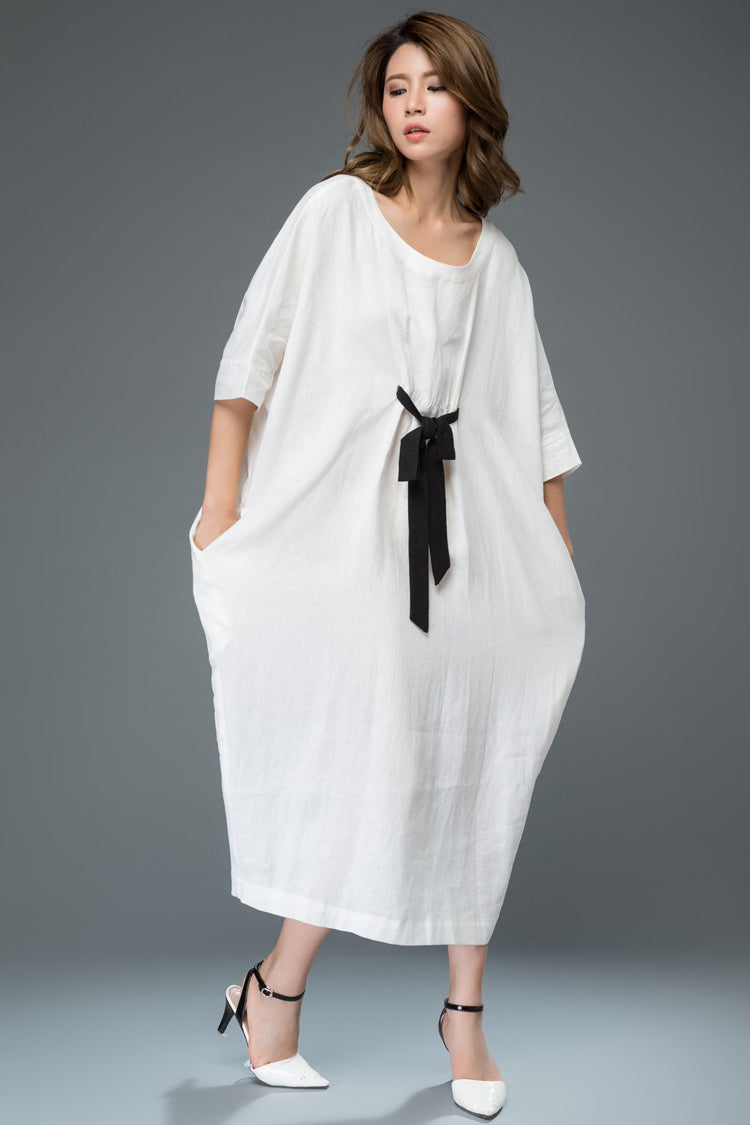 White Loose Fitting Linen Dress C913
