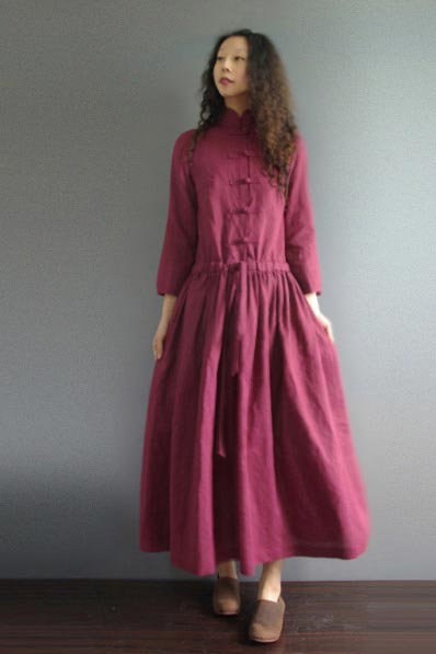 Burgundy Linen Maxi Dress - Stand Collar with Tray Button 190241