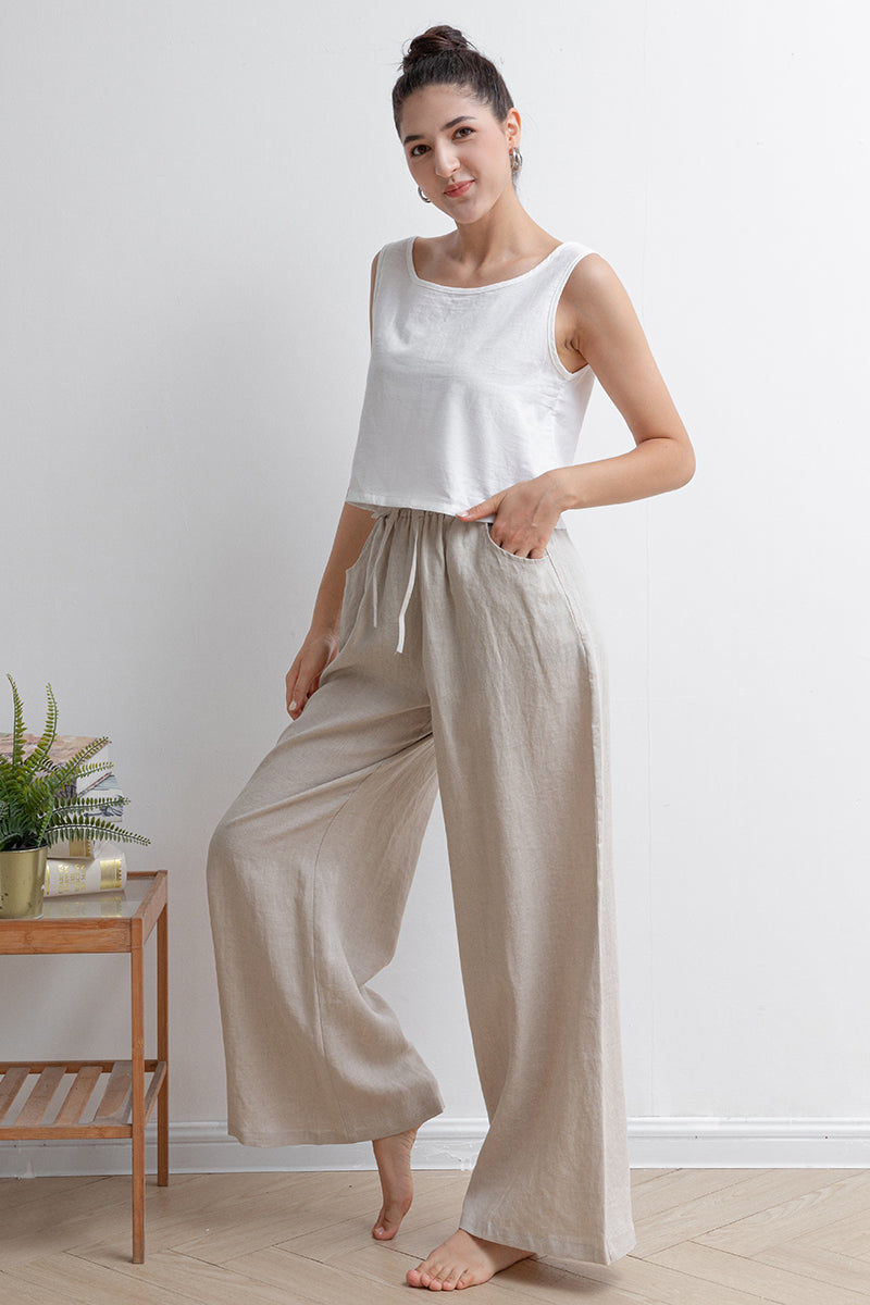 Long Palazzo Wide Leg Linen Pants C2929