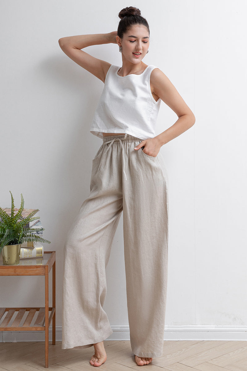 Long Palazzo Wide Leg Linen Pants C2929
