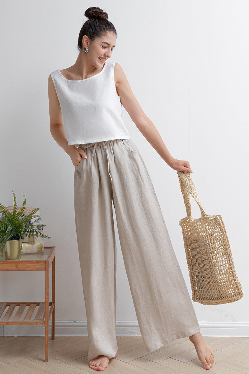Long Palazzo Wide Leg Linen Pants C2929