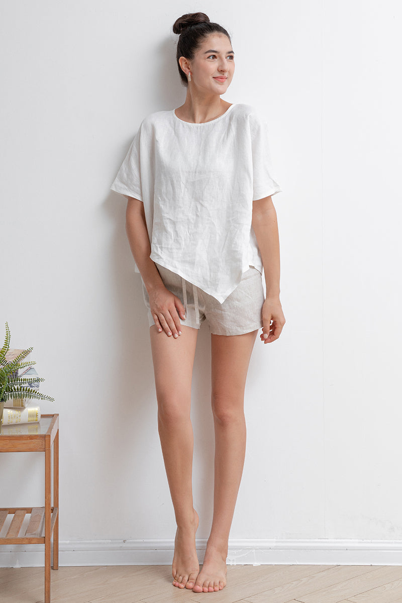 Elastic Waist Beige Linen Shorts C2935