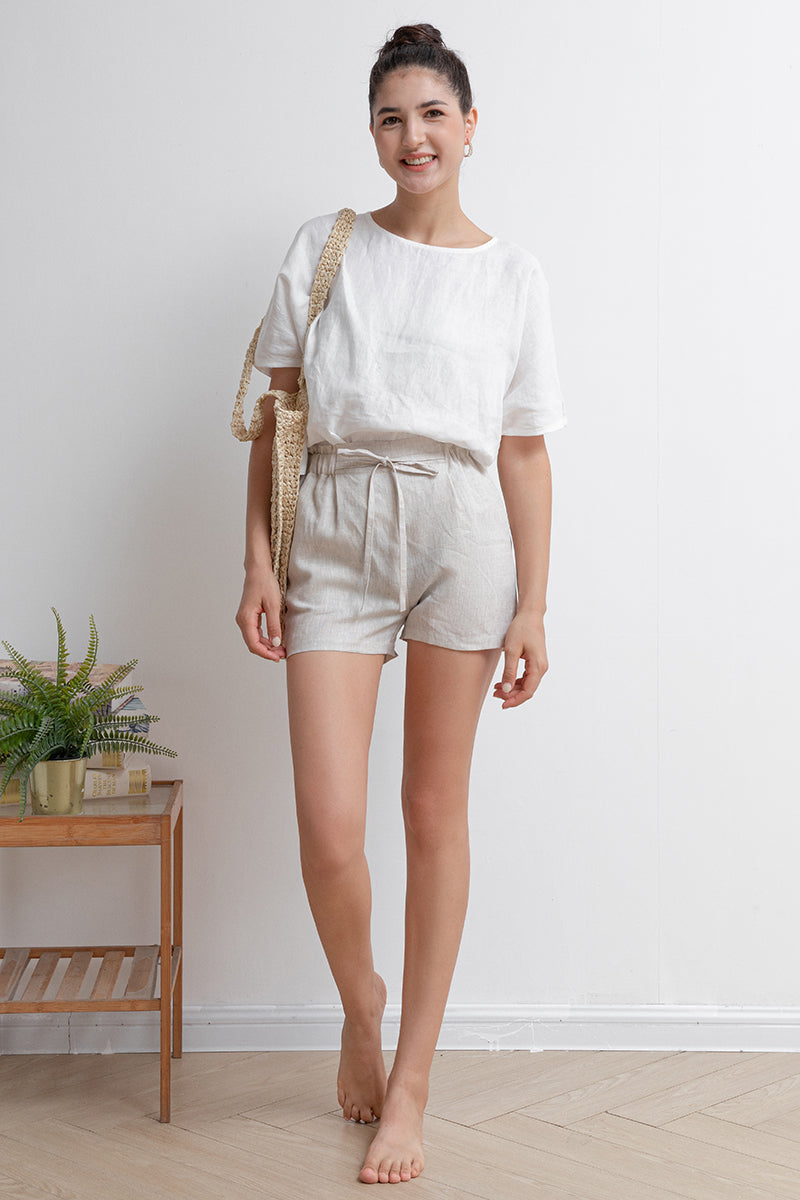 Elastic Waist Beige Linen Shorts C2935