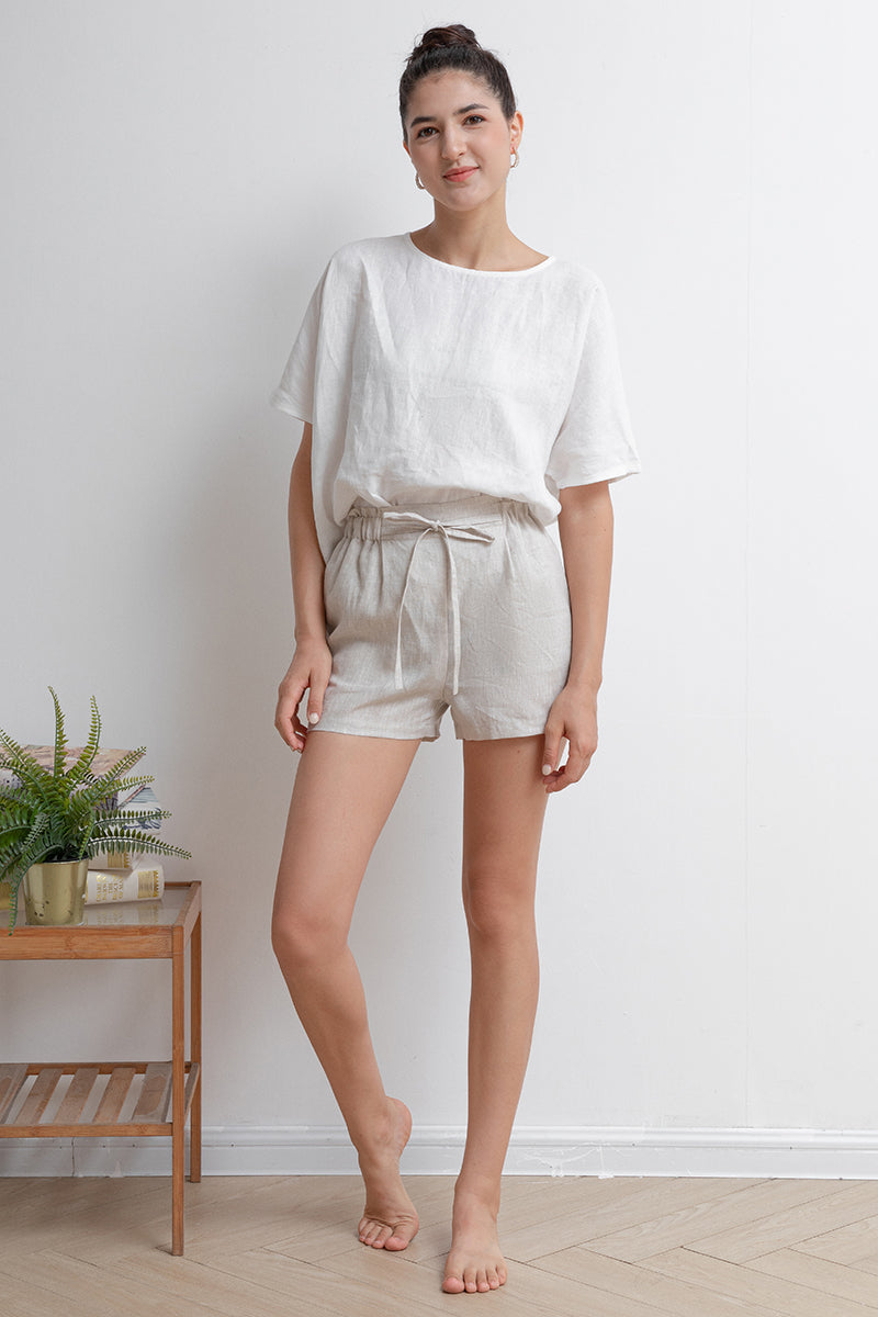 Elastic Waist Beige Linen Shorts C2935