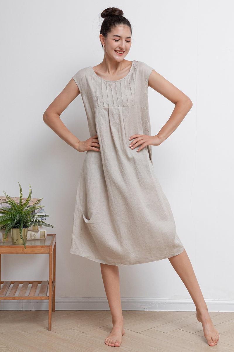 Beige Casual Midi Linen Dress C2939