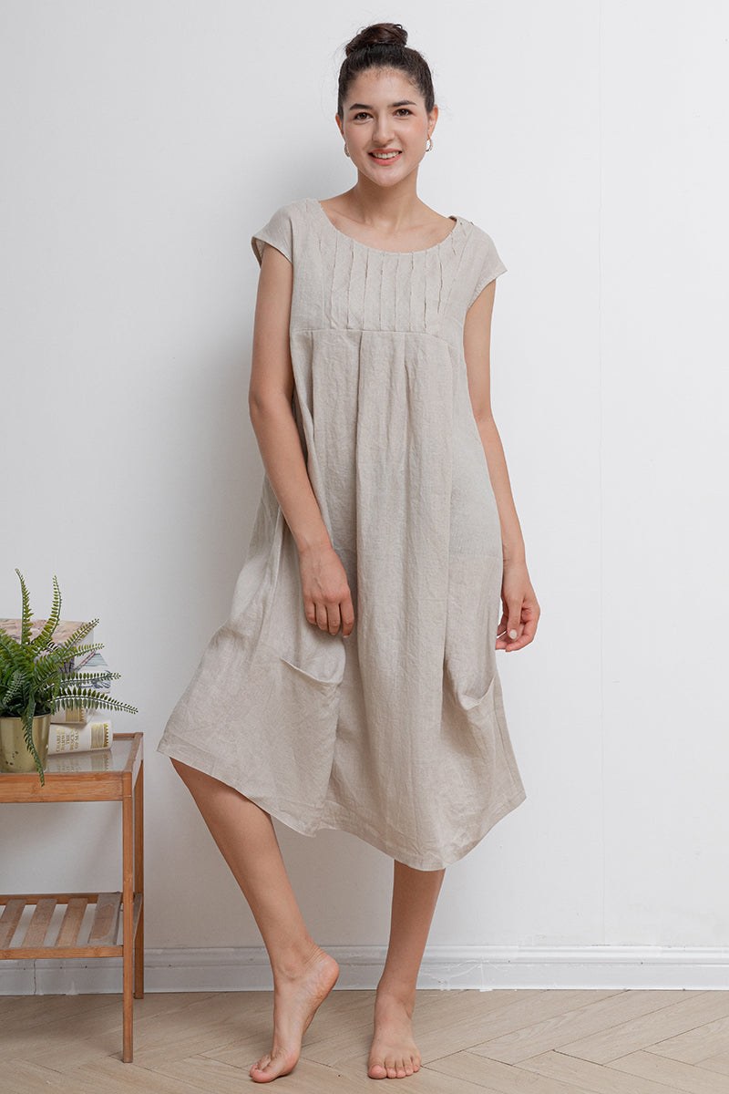 Beige Casual Midi Linen Dress C2939