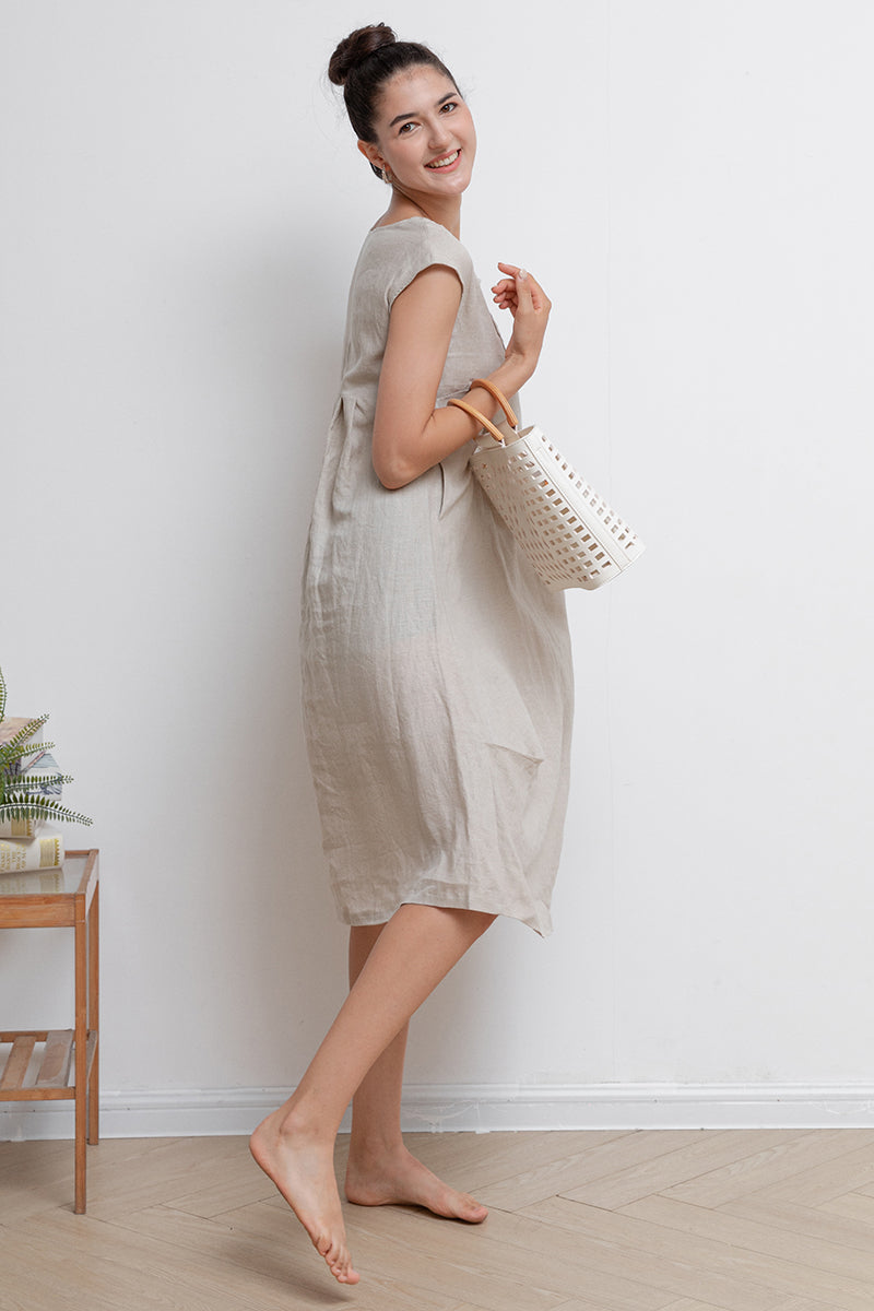 Beige Casual Midi Linen Dress C2939