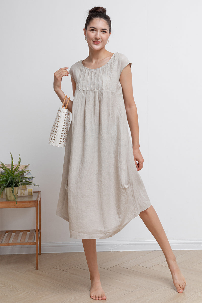 Beige Casual Midi Linen Dress C2939