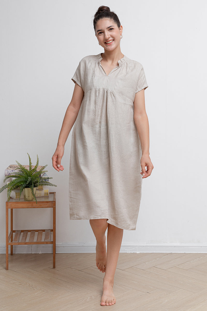 Beige V-neck Midi Linen Dress C2940