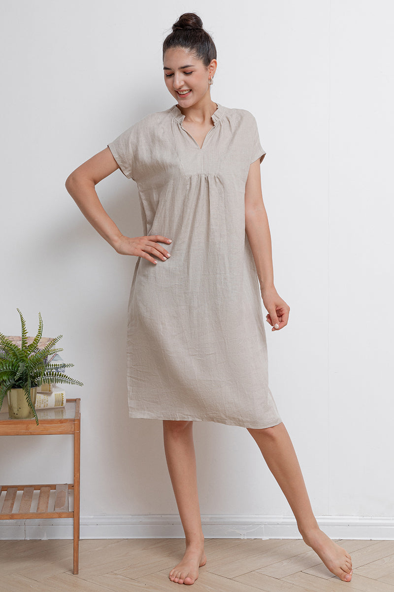 Beige V-neck Midi Linen Dress C2940