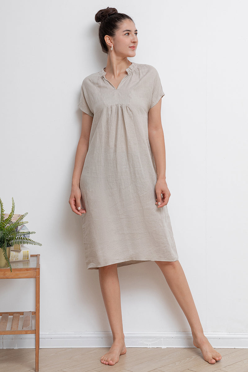 Beige V-neck Midi Linen Dress C2940