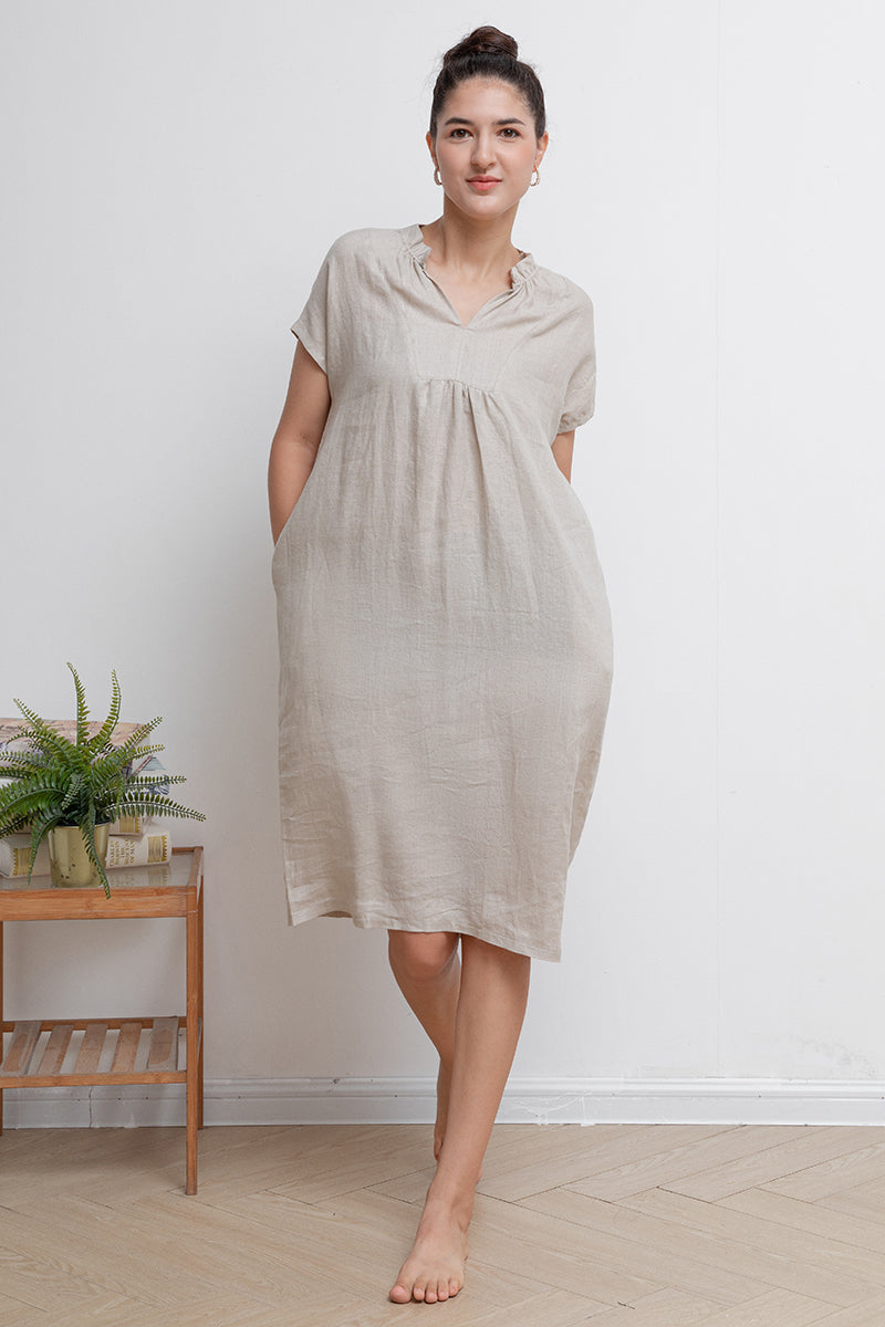 Beige V-neck Midi Linen Dress C2940