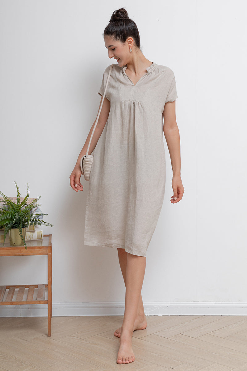 Beige V-neck Midi Linen Dress C2940
