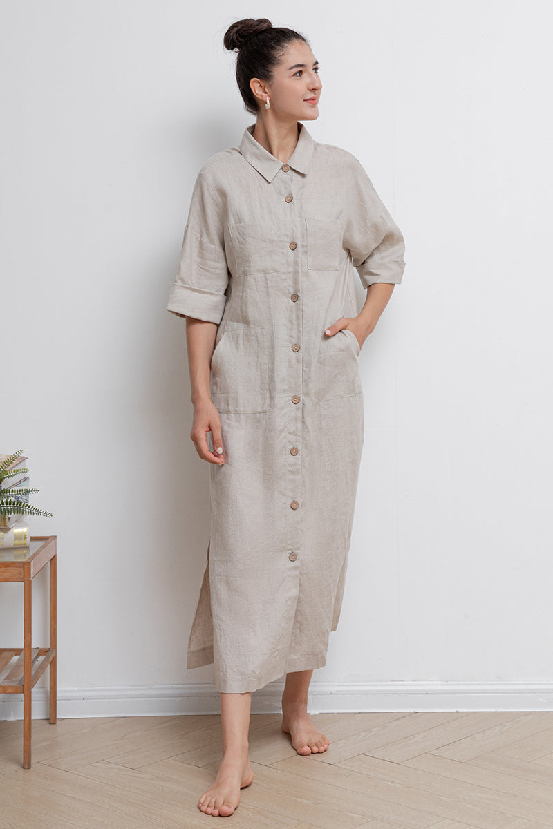 Women Long Linen Shirt Dress C2942