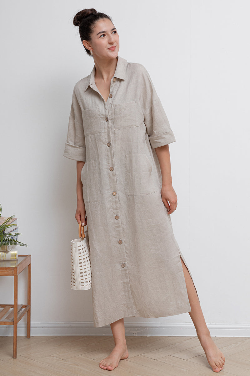 Women Long Linen Shirt Dress C2942