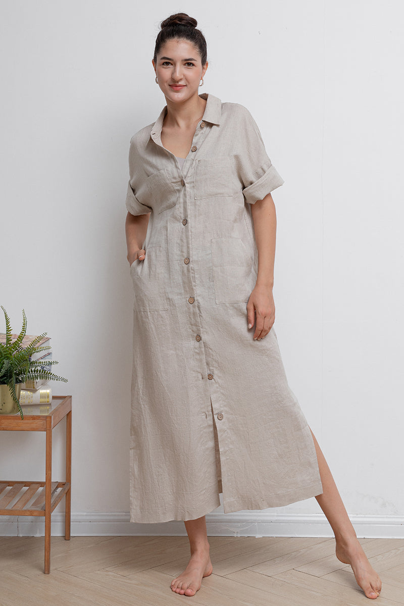 Women Long Linen Shirt Dress C2942