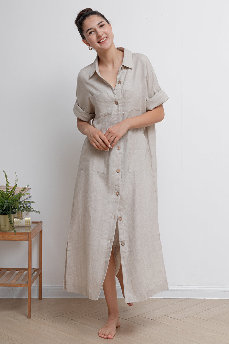 Women Long Linen Shirt Dress C2942