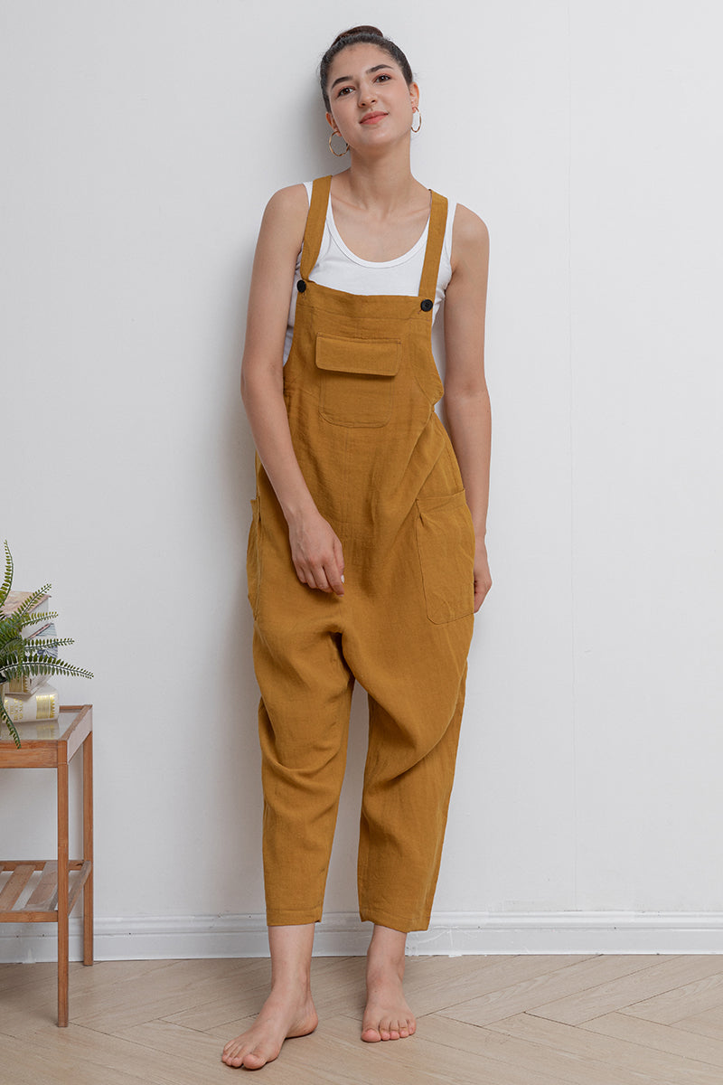 Yellow Casual Long Linen Overalls C2943
