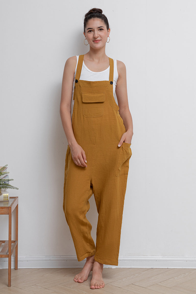 Yellow Casual Long Linen Overalls C2943