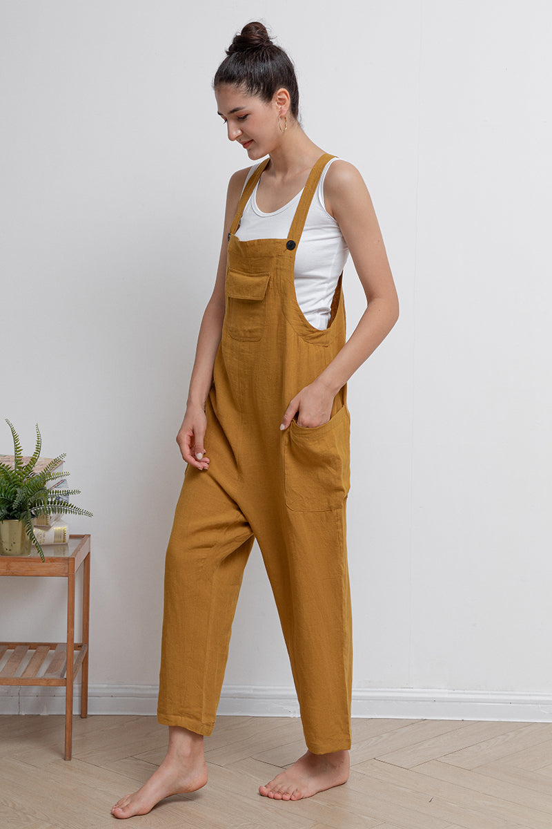 Yellow Casual Long Linen Overalls C2943
