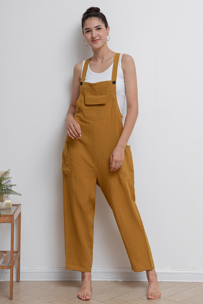 Yellow Casual Long Linen Overalls C2943