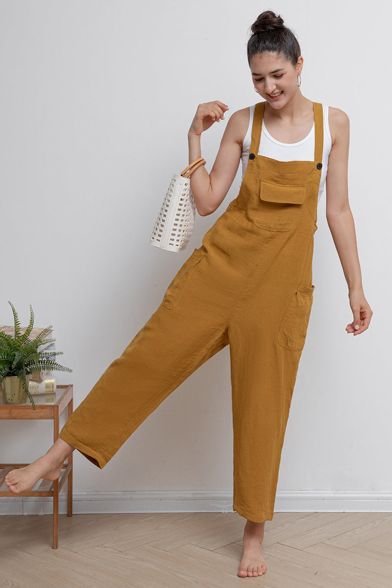 Yellow Casual Long Linen Overalls C2943
