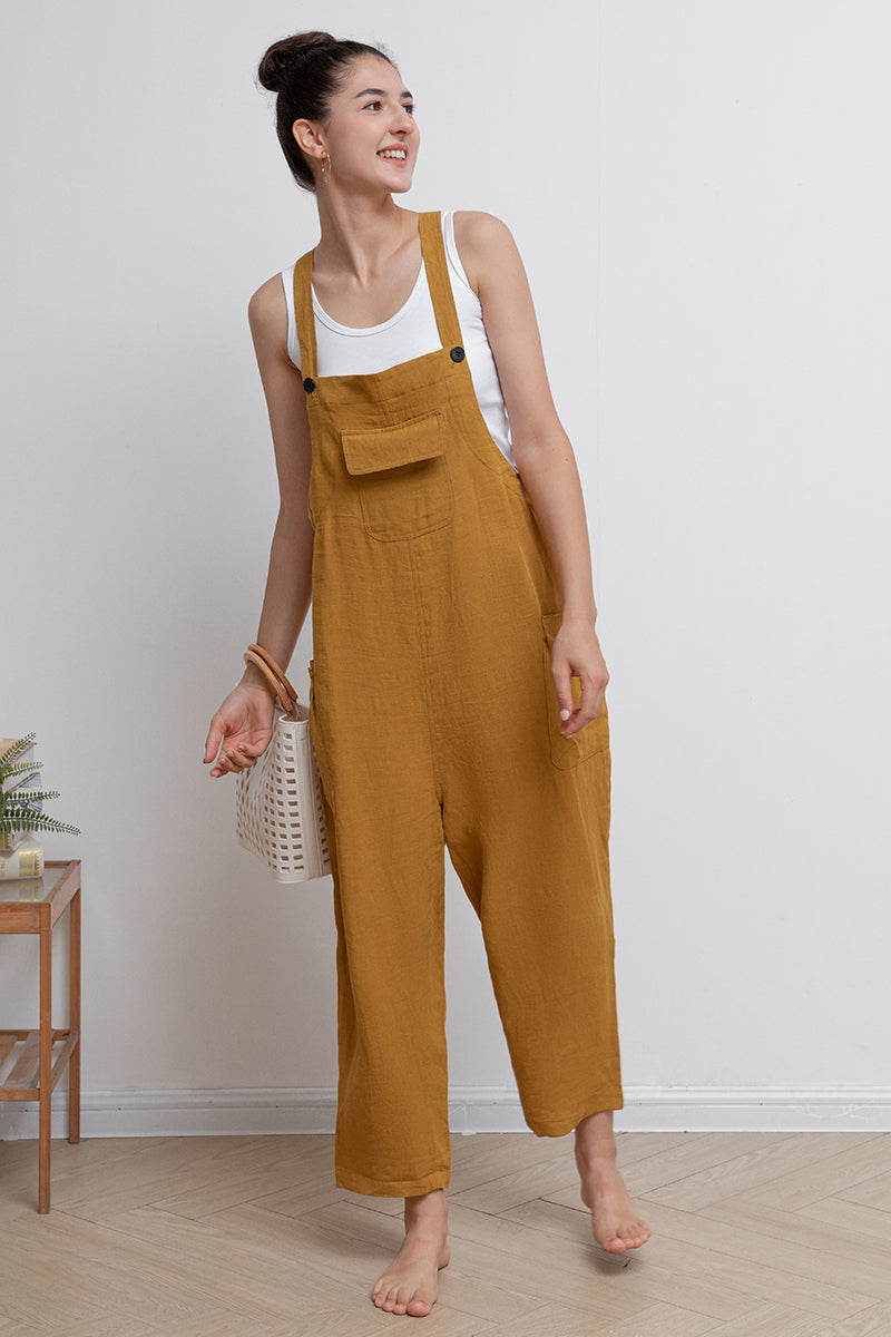 Yellow Casual Long Linen Overalls C2943