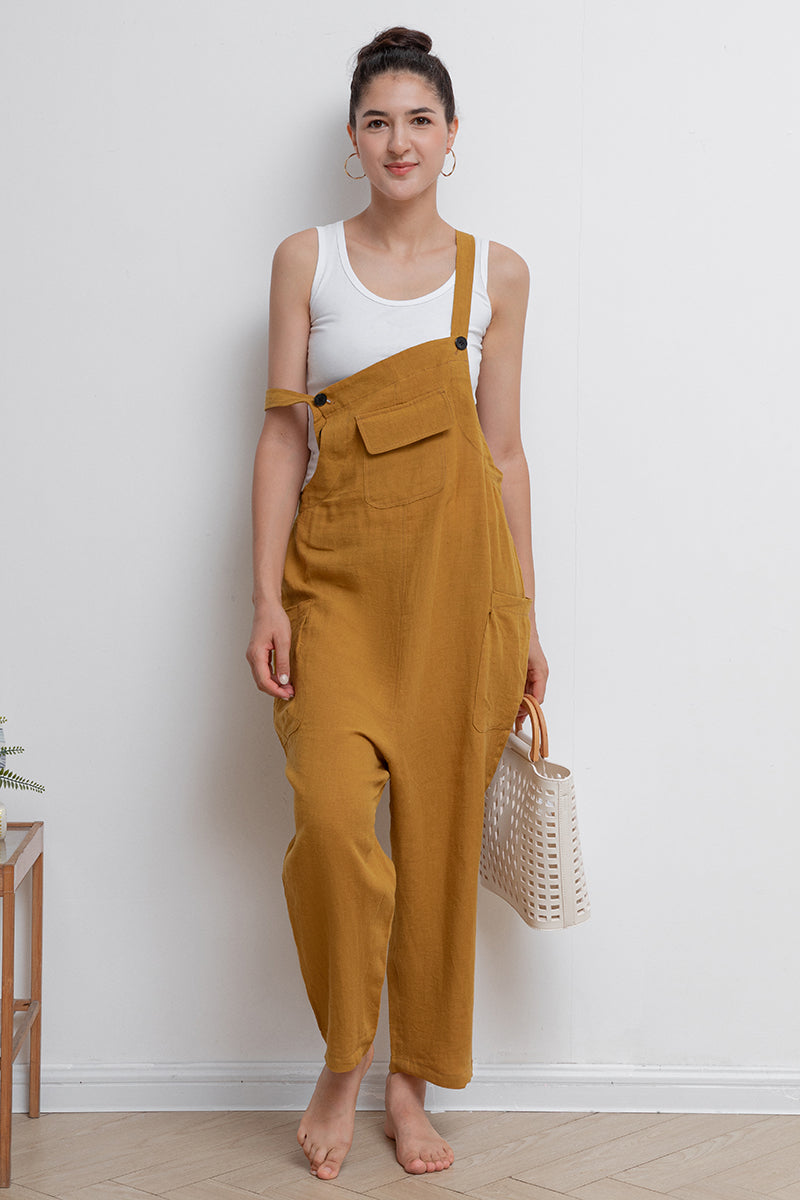 Yellow Casual Long Linen Overalls C2943