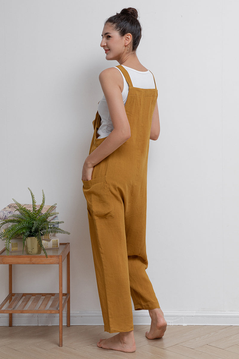Yellow Casual Long Linen Overalls C2943