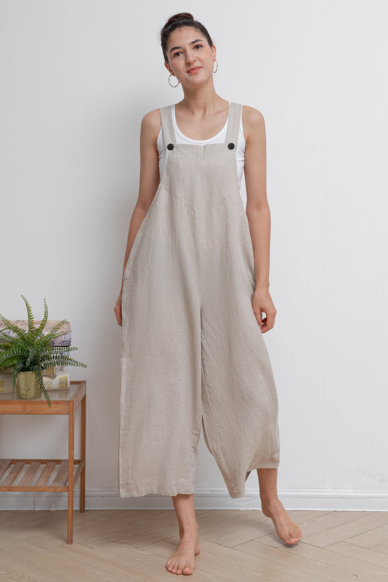Women Casual Beige Linen Overalls C2944