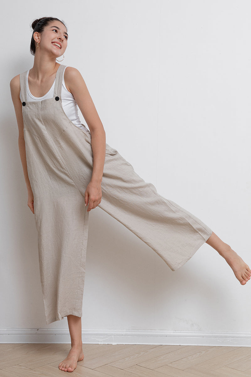 Women Casual Beige Linen Overalls C2944