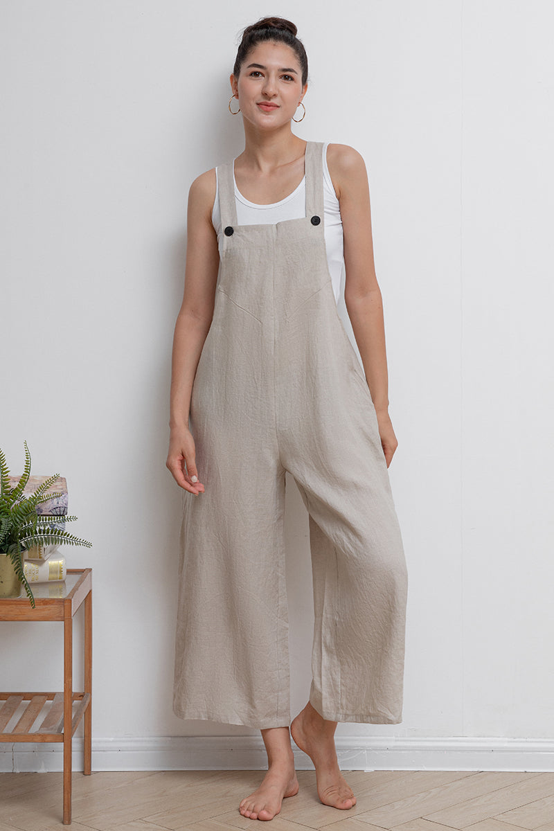 Women Casual Beige Linen Overalls C2944